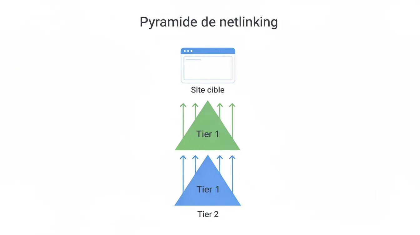 Schéma minimaliste d'une pyramide de netlinking à deux niveaux, avec des liens tier 1 et tier 2 pointant vers un site cible, illustrant la stratégie de netlinking pour améliorer la visibilité d'un site web.