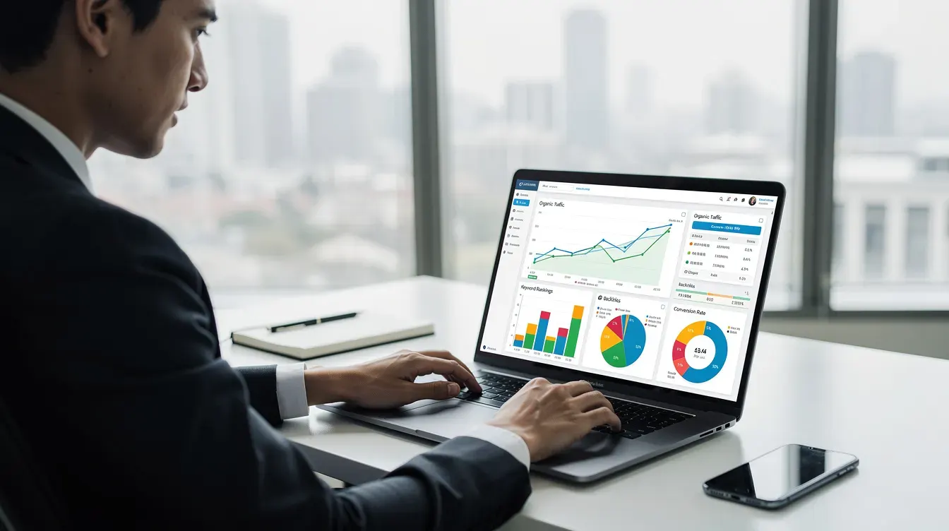Un professionnel est assis devant un ordinateur portable, analysant des graphiques d'analytique SEO affichés sur l'écran, mettant en évidence des données vérifiées de la Google Search Console. Cette image illustre l'importance du netlinking et des backlinks pour optimiser le trafic organique sur un site web.
