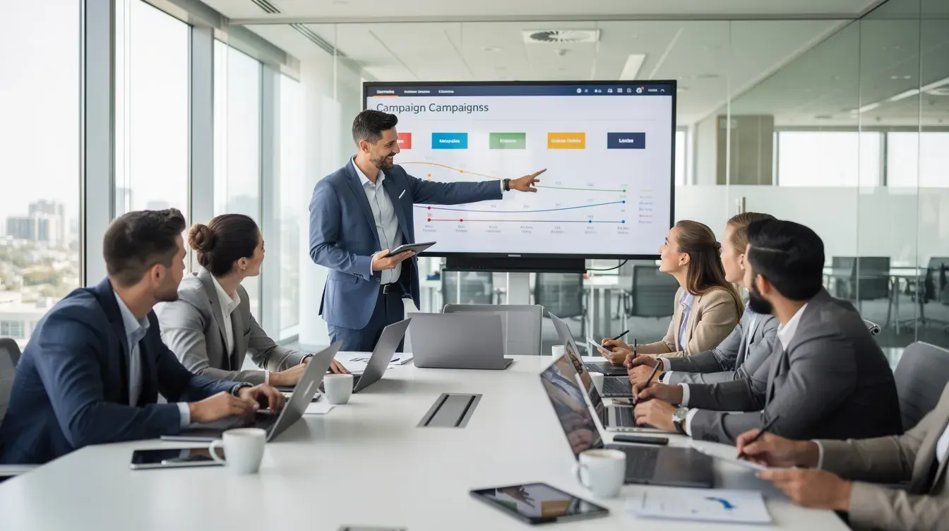 Une équipe de professionnels du marketing collabore autour d'une table de conférence, avec des ordinateurs portables ouverts, échangeant des idées sur des stratégies SEO et des campagnes de netlinking. L'ambiance est dynamique, reflétant un travail d'équipe efficace pour optimiser le trafic organique et la visibilité des sites sur Google.
