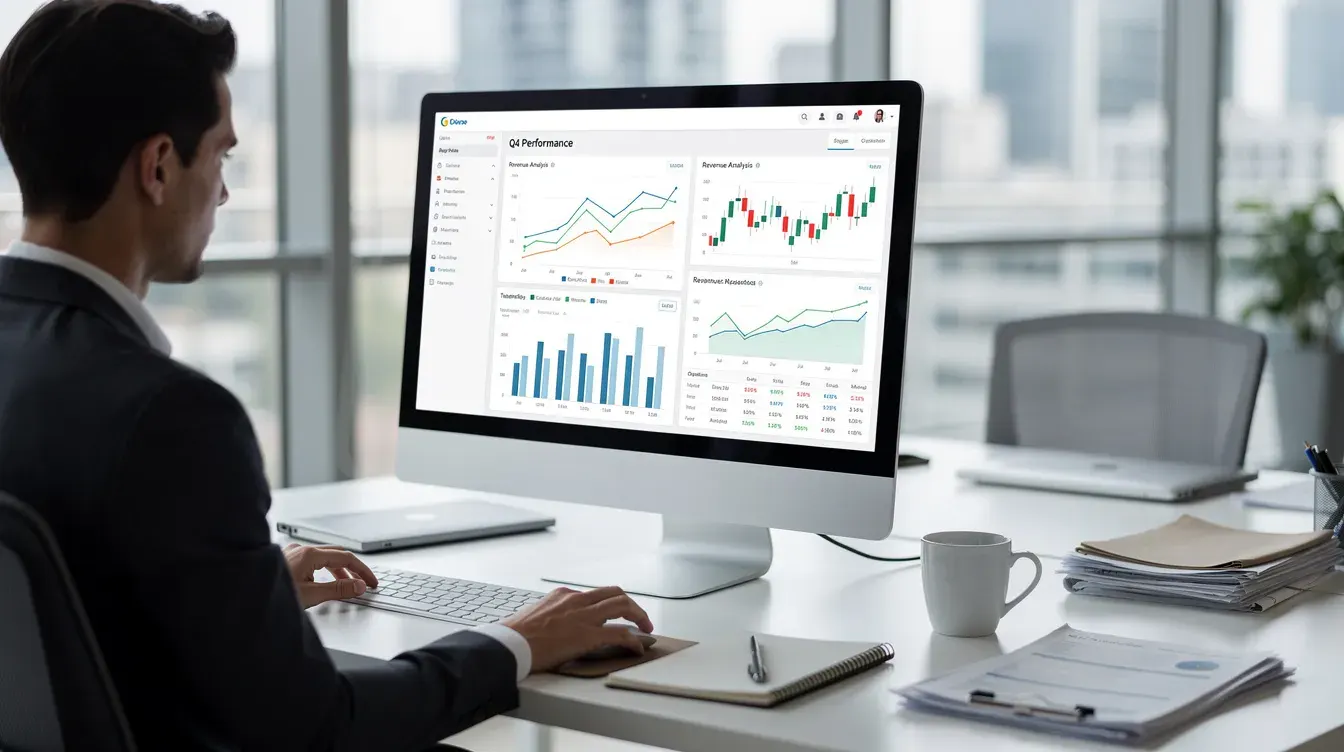 Une personne analyse des données financières et des graphiques sur un écran d'ordinateur dans un bureau moderne, illustrant l'importance du suivi des performances pour optimiser le rapport qualité prix des services en ligne. Cette scène évoque également l'utilisation d'outils comme la Google Search Console pour vérifier les données et améliorer la visibilité des sites web.