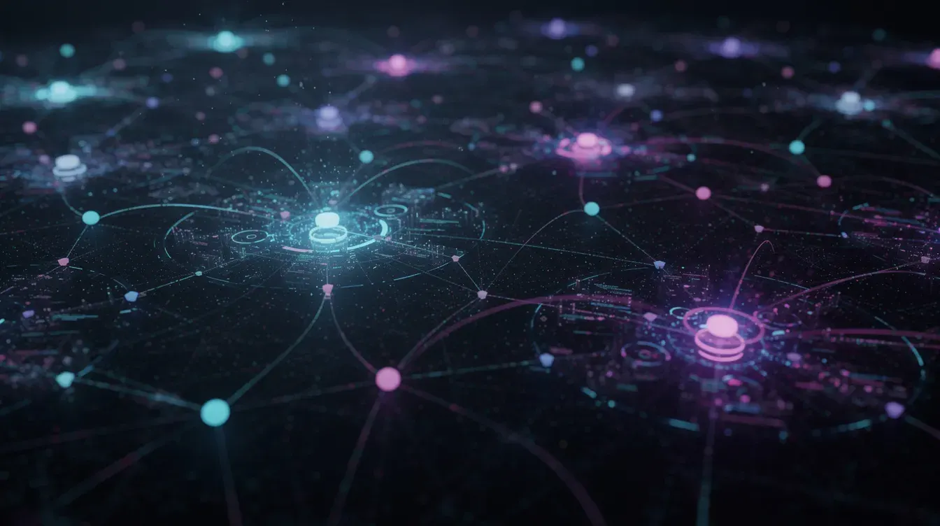 L'image représente un réseau de nœuds interconnectés symbolisant des liens web et des connexions numériques, illustrant le concept de netlinking. Cette visualisation évoque l'importance des backlinks dans le SEO, notamment pour optimiser la visibilité sur des plateformes comme Google Search Console.